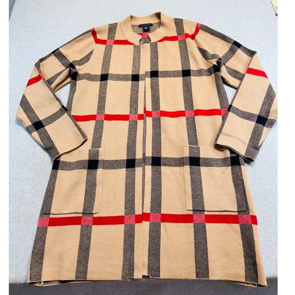 Tahari Women XXL Plaid Long Cardigan Sweater Coat Camel Black Red Pockets Office